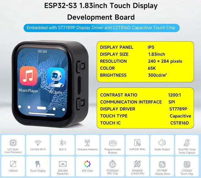 Alt view image 2 of 7 - ESP32-S3 1.83inch Touch Display Development Board, 240 x 284, Wi-Fi/BLE 5