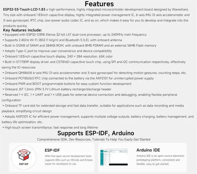 Alt view image 5 of 7 - ESP32-S3 1.83inch Touch Display Development Board, 240 x 284, Wi-Fi/BLE 5