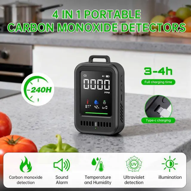 Alt view image 3 of 7 - 4-in-1 Portable Air Monitor, Temperature & Humidity & UV & Air Quality Meters with HD Digital Display, High-Precision Sensors for Home, Hotel, Travel, Camping
