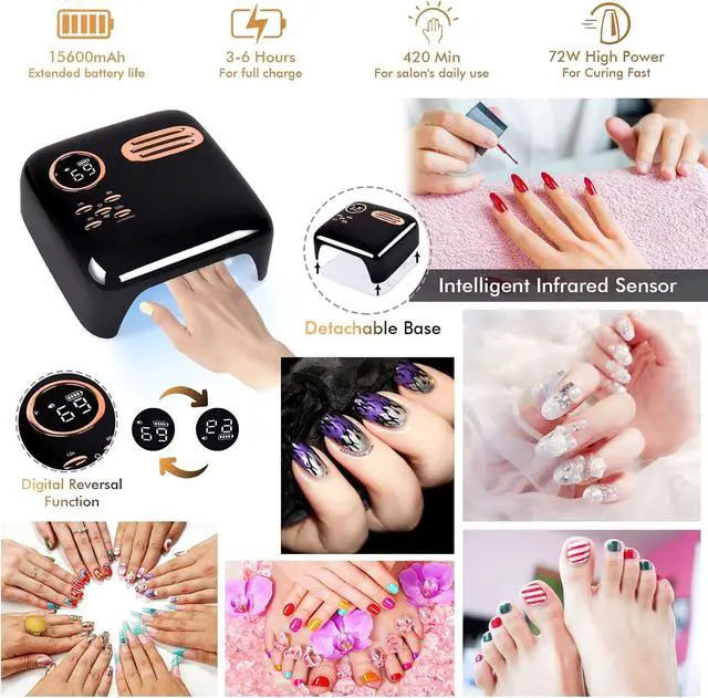 Alt view image 4 of 6 - 72W Cordless UV LED Nail Lamp for Gel Polish, Rechargeable Nail Polish Dryer Gel Machine for Manicure and Pedicure, Fast Nail Polish Curling Lamp with 4 Timer Setting Automatic Sensor