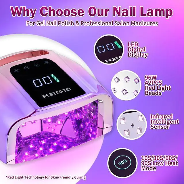 Alt view image 3 of 7 - Professional Rechargeable 96W UV LED Portable Cordless UV Light for Nail Lamp Machine with Removable Stainless Steel Bottom,4 Timer Setting and Smart Sensor Nail Dryer (Gradient Purple)