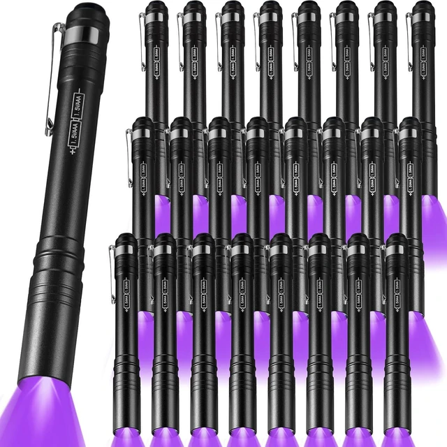 Main image of 24-Pack 395nm UV Blacklight Pen Flashlights with Clip LED Handheld Detector for Pet Urine, Dry Stains & Hotel Inspection, Neon Party Favors (Black)