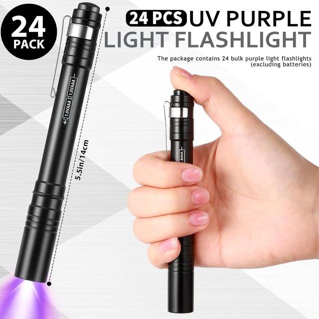 Alt view image 2 of 6 - 24-Pack 395nm UV Blacklight Pen Flashlights with Clip LED Handheld Detector for Pet Urine, Dry Stains & Hotel Inspection, Neon Party Favors (Black)