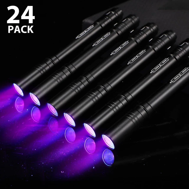 Alt view image 6 of 6 - 24-Pack 395nm UV Blacklight Pen Flashlights with Clip LED Handheld Detector for Pet Urine, Dry Stains & Hotel Inspection, Neon Party Favors (Black)