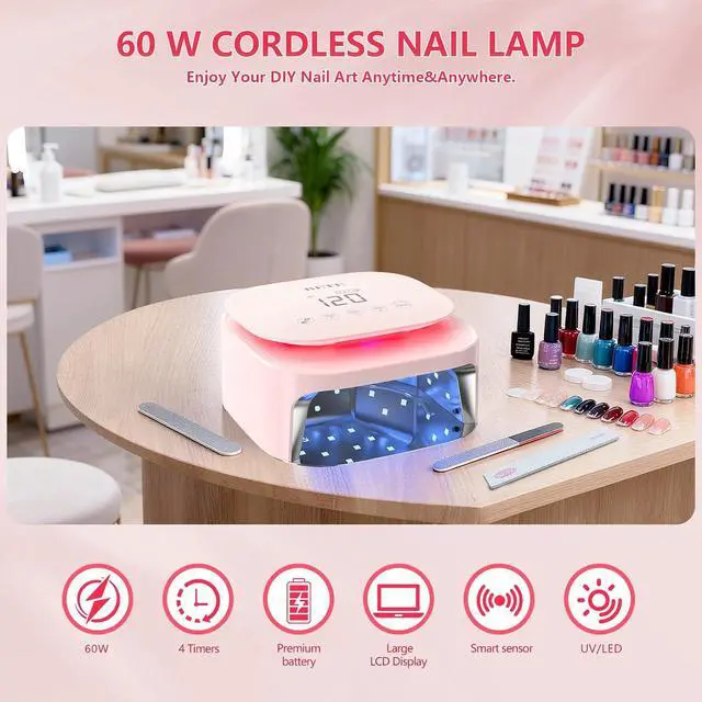 Alt view image 2 of 6 - 60W Cordless UV LED Nail Lamp - Rechargeable Gel Polish Dryer with Auto Sensor, 30 Beads & 4 Timer Settings Portable for Home/Salon Pink