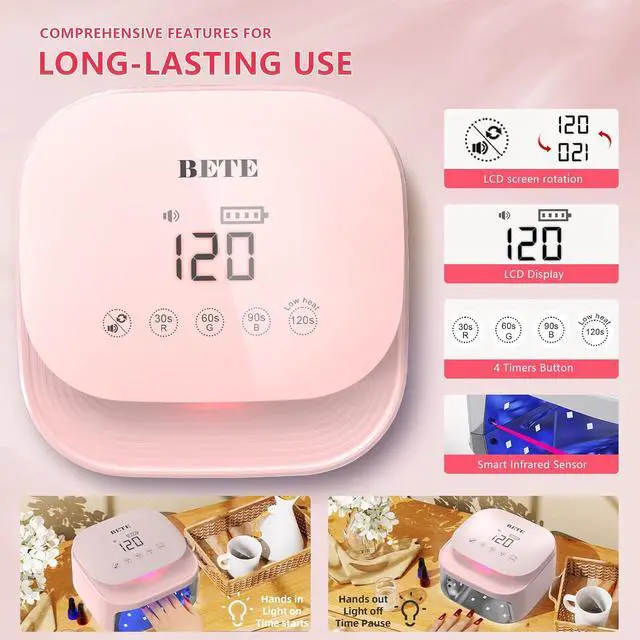 Alt view image 3 of 6 - 60W Cordless UV LED Nail Lamp - Rechargeable Gel Polish Dryer with Auto Sensor, 30 Beads & 4 Timer Settings Portable for Home/Salon Pink