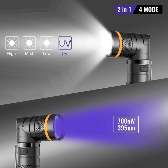 Alt view image 3 of 6 - B75 High Power UV Flashlight Rechargeable LED 1000 Lumens 395nm Ultraviolet, 90 Degree 4 Modes Flashlight with Magnetic Base IP65 Waterproof for Camping Outdoor Night Walking Urine Detector