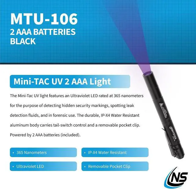 Alt view image 2 of 7 - MTU-106 Mini-TAC UV Flashlight with 2 AAA, Black,Small