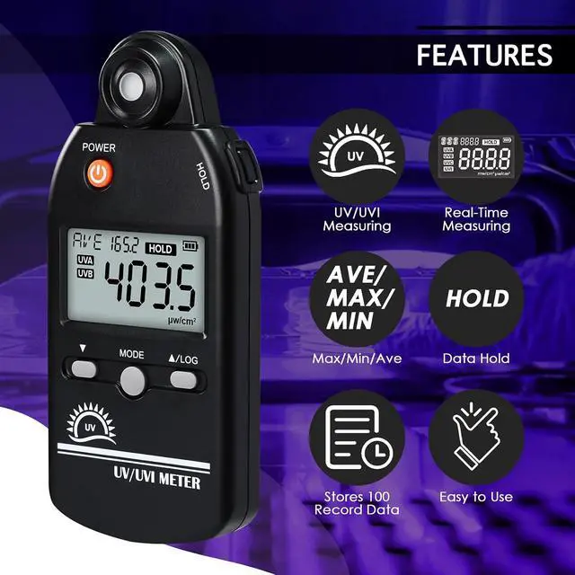 Alt view image 4 of 7 - UV Meter Digital UVB Meter, 280-400 nm UV Index Meter with UV and UVI Switchable, 0-5000 W/cm² Measuring Range UV Detector with 100 Groups Data Record, UV Index Meter for Reptiles, etc.