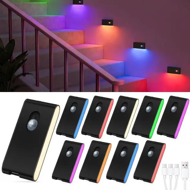 Main image of Motion Sensor Light Indoor, RGB & Warm White Motion Sensor Night Light, Rechargeable Stair Lights Indoor, Color Changing Night Light for Stair,Hallway,Bathroom,Cabinet,Kitchen,10 Pack