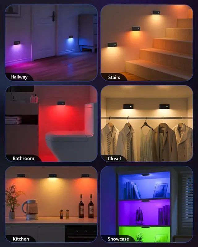 Alt view image 3 of 7 - Motion Sensor Light Indoor, RGB & Warm White Motion Sensor Night Light, Rechargeable Stair Lights Indoor, Color Changing Night Light for Stair,Hallway,Bathroom,Cabinet,Kitchen,10 Pack