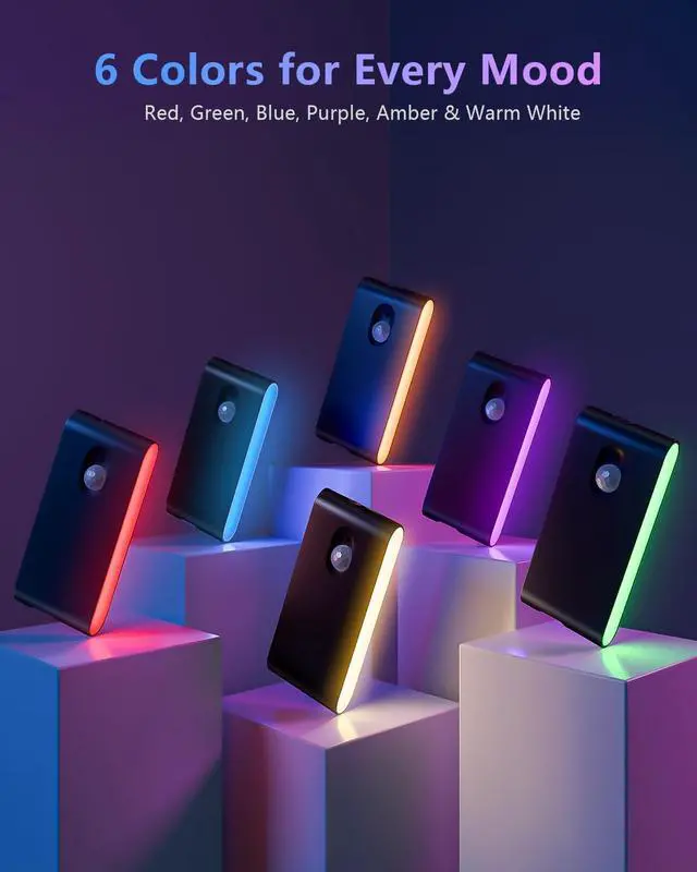 Alt view image 4 of 7 - Motion Sensor Light Indoor, RGB & Warm White Motion Sensor Night Light, Rechargeable Stair Lights Indoor, Color Changing Night Light for Stair,Hallway,Bathroom,Cabinet,Kitchen,10 Pack