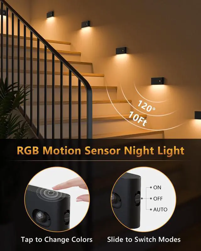 Alt view image 5 of 7 - Motion Sensor Light Indoor, RGB & Warm White Motion Sensor Night Light, Rechargeable Stair Lights Indoor, Color Changing Night Light for Stair,Hallway,Bathroom,Cabinet,Kitchen,10 Pack