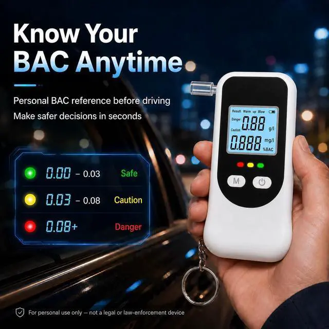 Alt view image 2 of 7 - Breathalyzer for Alcohol, Portable BAC Tester, Keychain, 20 Mouthpieces