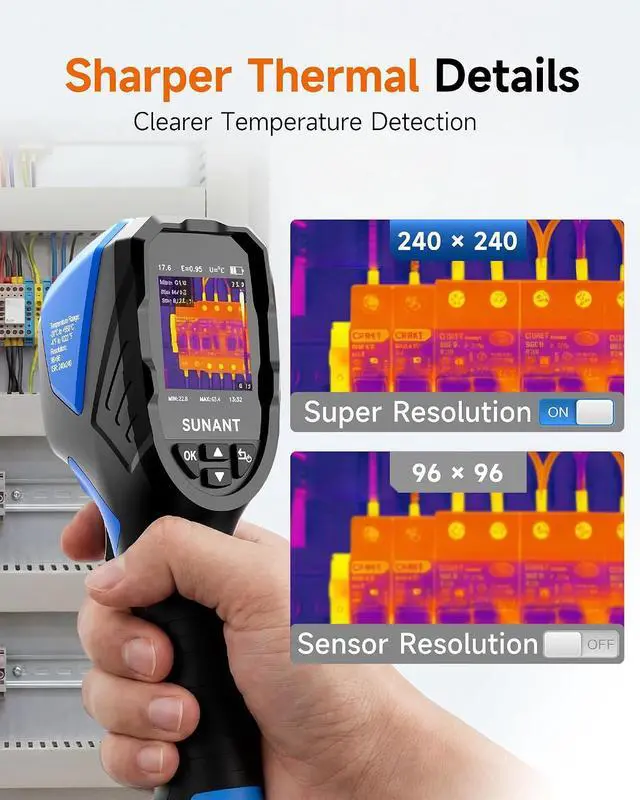 Alt view image 3 of 7 - Infrared Thermal Imaging Camera, 240x240 TISR Resolution, 25Hz Refresh Rate, -4°F to 1022°F, Adjustable Emissivity, Hot/Cold Spot Detection, LED Light for HVAC, Electrical & Home Inspection
