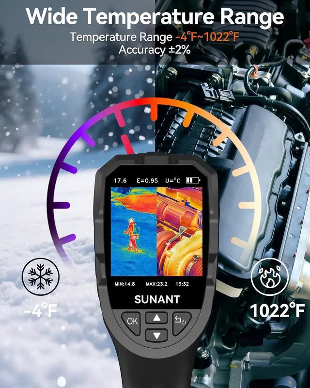Alt view image 7 of 7 - Infrared Thermal Imaging Camera, 240x240 TISR Resolution, 25Hz Refresh Rate, -4°F to 1022°F, Adjustable Emissivity, Hot/Cold Spot Detection, LED Light for HVAC, Electrical & Home Inspection