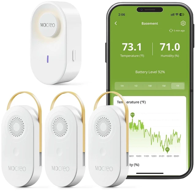 Main image of 2000ft Remote Temperature & Humidity Monitor 3 Sensors, Freeze Alert for WiFi-less Shed, Greenhouse, Garage, Barn & Cabin, 90dB Hub + Night Light