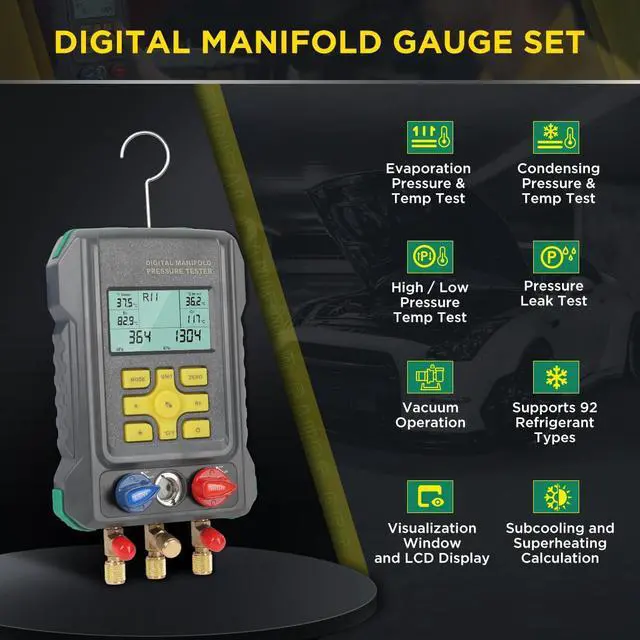 Alt view image 2 of 7 - HVAC Gauges Digital Manifold Gauges Set, 92 Refrigerants, Pressure and Temp Test, HVAC Tools with 2 Temperature Clamps and 3 Hoses, for R134A 1234YF R22 R12 R404A R410A