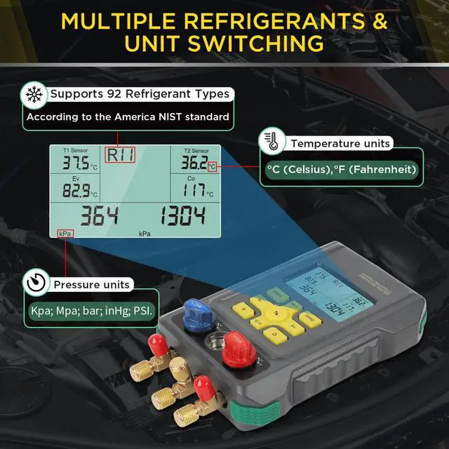 Alt view image 7 of 7 - HVAC Gauges Digital Manifold Gauges Set, 92 Refrigerants, Pressure and Temp Test, HVAC Tools with 2 Temperature Clamps and 3 Hoses, for R134A 1234YF R22 R12 R404A R410A
