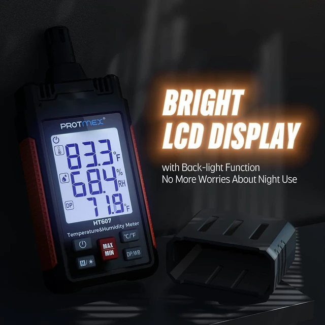 Alt view image 5 of 7 - HT607 Temperature Humidity Meter - Large LCD Backlight with Cover Protector