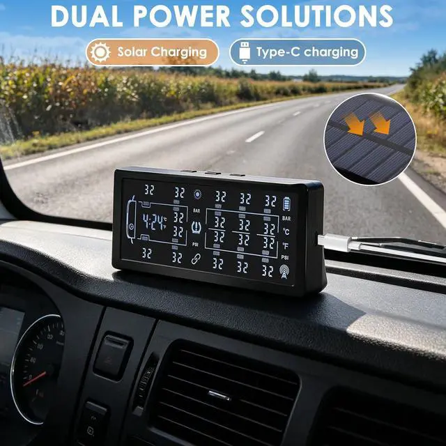 Alt view image 4 of 7 - Trailer Tire Pressure Monitoring System,Solar 7" LCD & 10 Copper sensors