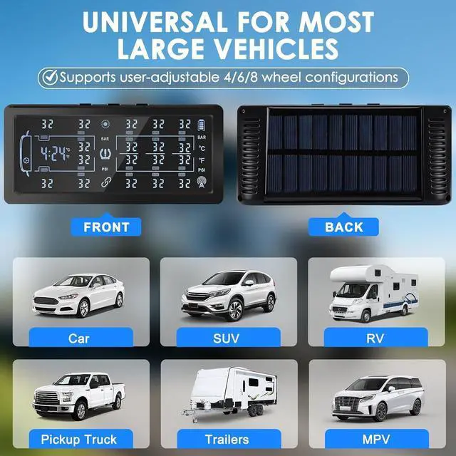 Alt view image 6 of 7 - Trailer Tire Pressure Monitoring System,Solar 7" LCD & 10 Copper sensors