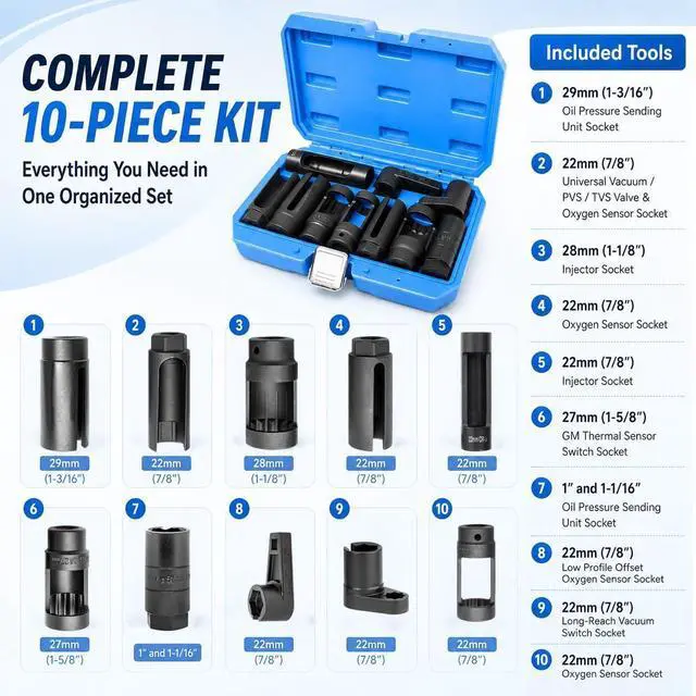 Alt view image 3 of 7 - 10pcs Oxygen Sensor Socket Set,O2 Sensor Removal Removal Kit with 22 27 29 mm Sockets 1/2" 3/8" Drive, for Thermal Oil Pressure Vacuum Sensors Removers