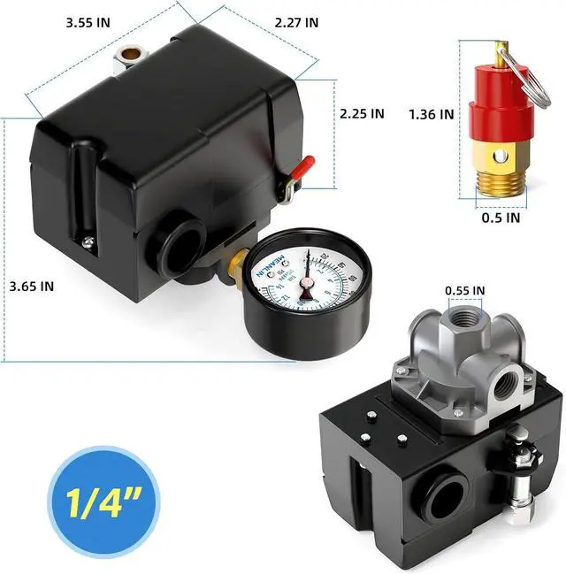 Alt view image 2 of 7 - Air Compressor Pressure Switch Control Valve 110-150 PSI 110V-240V 4-way Replacement Parts With 0-200 Pressure gauge and Safety Pressure Relief Valve