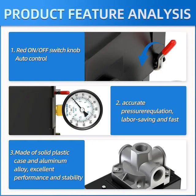 Alt view image 3 of 7 - Air Compressor Pressure Switch Control Valve 110-150 PSI 110V-240V 4-way Replacement Parts With 0-200 Pressure gauge and Safety Pressure Relief Valve
