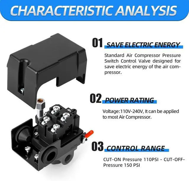 Alt view image 4 of 7 - Air Compressor Pressure Switch Control Valve 110-150 PSI 110V-240V 4-way Replacement Parts With 0-200 Pressure gauge and Safety Pressure Relief Valve