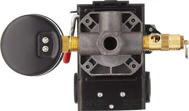 Alt view image 2 of 2 - 26 AMP H/D PRESSURE SWITCH AIR COMPRESSOR 145-175 4 PORT w/0-200 psi Gauge & 200 psi Pop off valve