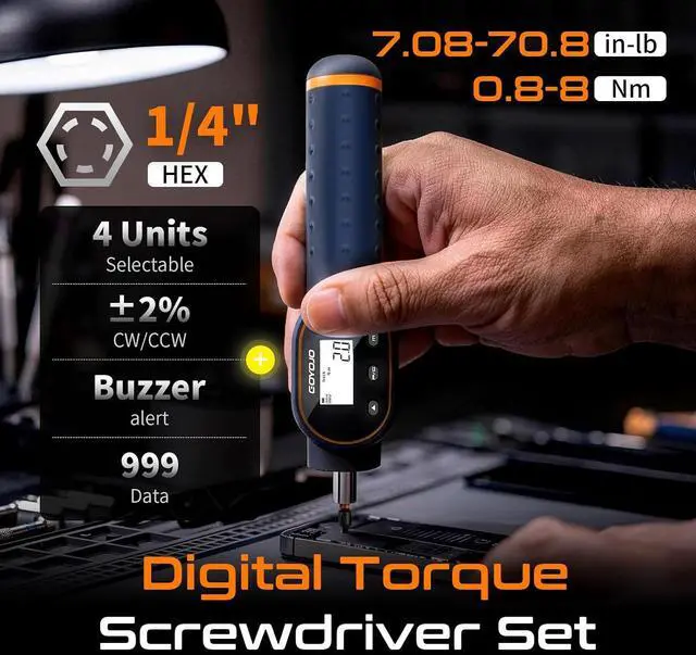 Alt view image 2 of 7 - Digital Torque Screwdriver 7.0870.8 in-lb / 0.88 Nm, 1/4" Adjustable Torque Screwdriver Set with Buzzer & Magnetic Bits, 999 Data Storage, for Gunsmithing, Electronics, and Mounting