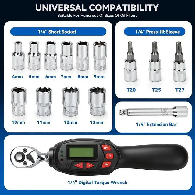 Alt view image 2 of 7 - 1/4" Digital Torque Wrench Set 5-25 N.m 13pcs Sockets Extension Bar
