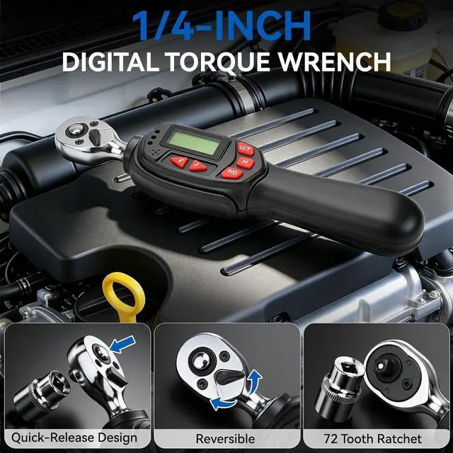 Alt view image 6 of 7 - 1/4" Digital Torque Wrench Set 5-25 N.m 13pcs Sockets Extension Bar