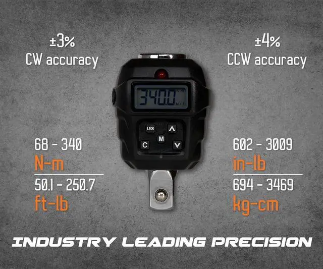 Alt view image 2 of 5 - Tools 1/2 inch Digital Torque Adapter, 12.5-250.7 ft-lbs (17-340 N-m) Torque Range ±3% Accuracy, LED and Buzzer Notification, Preset Memory, ISO 6789 Tested and Calibrated (TD4N-T340CN)