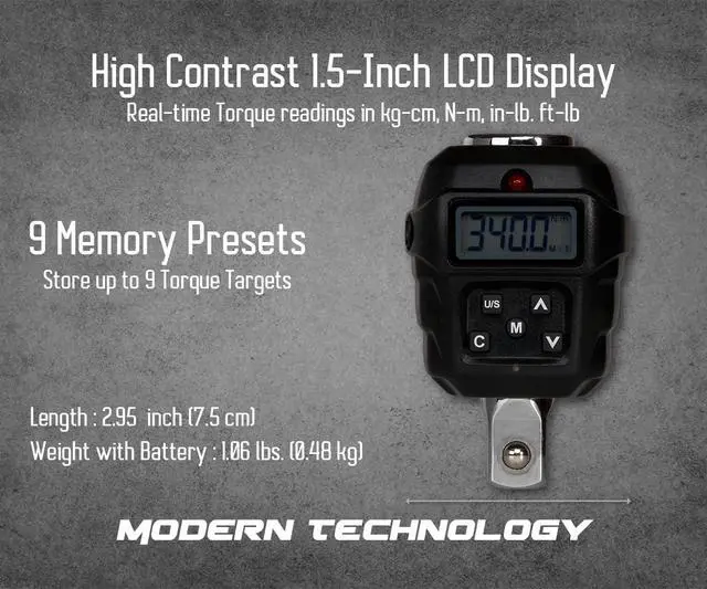 Alt view image 3 of 5 - Tools 1/2 inch Digital Torque Adapter, 12.5-250.7 ft-lbs (17-340 N-m) Torque Range ±3% Accuracy, LED and Buzzer Notification, Preset Memory, ISO 6789 Tested and Calibrated (TD4N-T340CN)