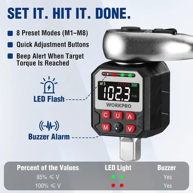 Alt view image 3 of 7 - 1/2" Drive Digital Torque Adapter, 7.38-147.5 ft-lb (10-200 Nm), Electronic Torque Wrench Adapter with Buzzer Alert, 1/4" & 3/8" Adapters, Batteries & Case Included