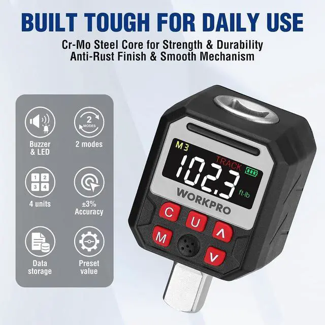 Alt view image 4 of 7 - 1/2" Drive Digital Torque Adapter, 7.38-147.5 ft-lb (10-200 Nm), Electronic Torque Wrench Adapter with Buzzer Alert, 1/4" & 3/8" Adapters, Batteries & Case Included