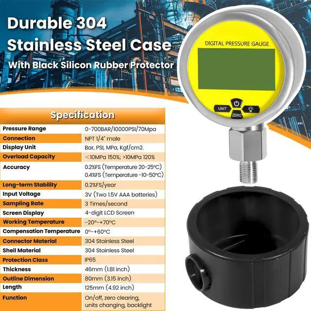 Alt view image 4 of 7 - 10000PSI Digital Hydraulic Pressure Gauge Pressure Manometer Pressure Sensor with 1/4-Inch NPT Connector Base Entry 700BAR/70Mpa 3.15" Dial Size (Black Silicone Protective Boot)