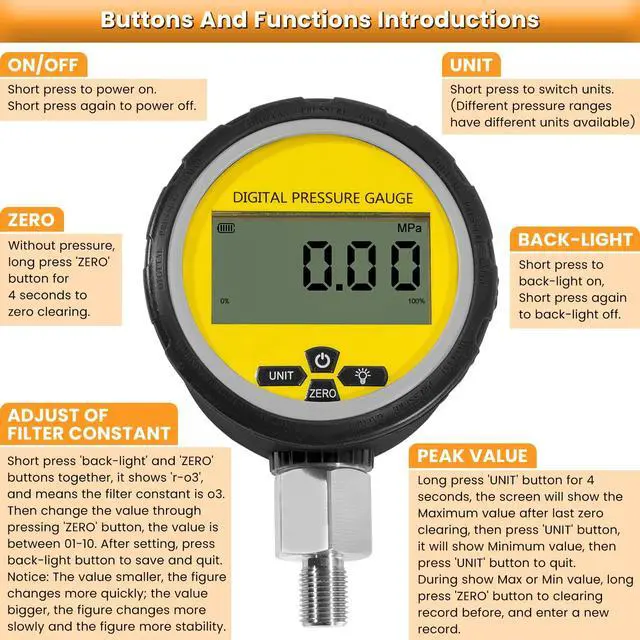 Alt view image 5 of 7 - 10000PSI Digital Hydraulic Pressure Gauge Pressure Manometer Pressure Sensor with 1/4-Inch NPT Connector Base Entry 700BAR/70Mpa 3.15" Dial Size (Black Silicone Protective Boot)