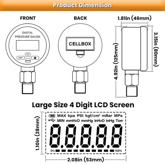 Alt view image 6 of 7 - 10000PSI Digital Hydraulic Pressure Gauge Pressure Manometer Pressure Sensor with 1/4-Inch NPT Connector Base Entry 700BAR/70Mpa 3.15" Dial Size (Black Silicone Protective Boot)