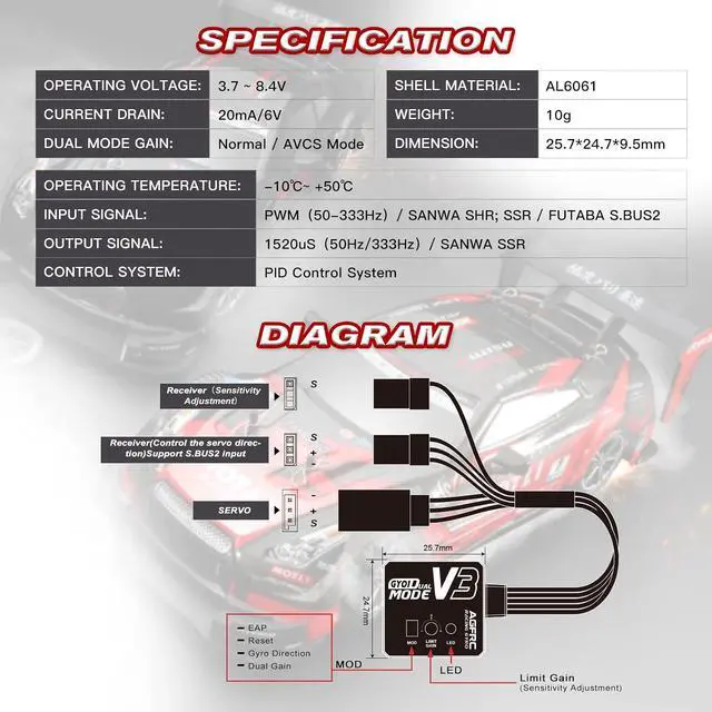 Alt view image 2 of 7 - Dual-Gain RC Drift Gyro with Aluminum Case (GY01 V3)