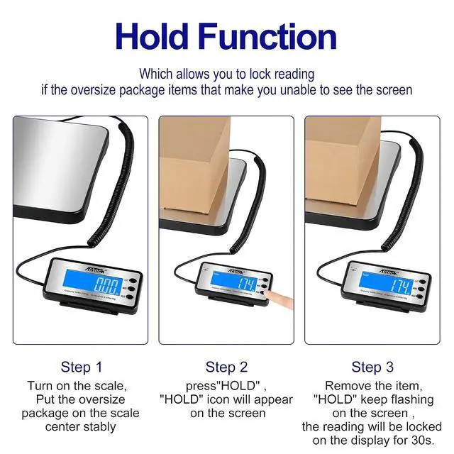 Alt view image 7 of 7 - Digital Shipping Postal Scale, 460 lb x1oz High Accuracy with Stainless Steel Platform, LCD Backlight, Four Reading Modes, Tare/Hold Function, Battery AC Adapter Incuded