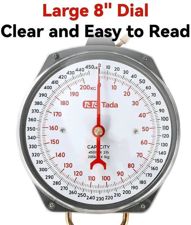 Alt view image 2 of 7 - Game Scale 450lb Mechanical Hanging Scale with 8 Inch Dial, Heavy-Duty Design for Kitchen, Fishing, Outdoor Use, and Farms