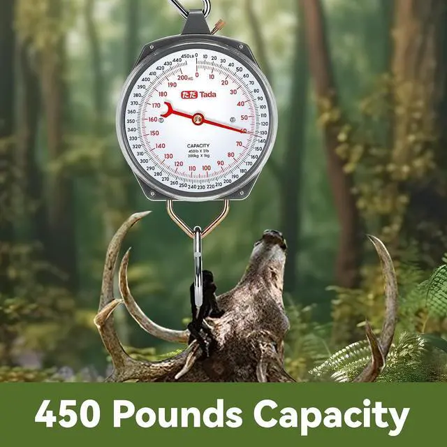 Alt view image 6 of 7 - Game Scale 450lb Mechanical Hanging Scale with 8 Inch Dial, Heavy-Duty Design for Kitchen, Fishing, Outdoor Use, and Farms
