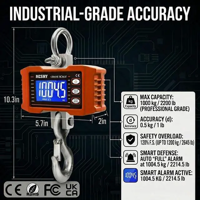 Alt view image 2 of 7 - Digital Crane Scale 2200lb/1000Kg Digital Hanging Scale Industrial Heavy Duty Crane Scale for Farm,Deer,Livestock,Factory,Construction,Hunting CE Certified