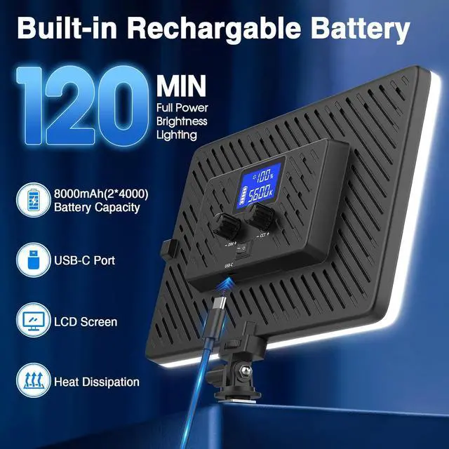 Alt view image 2 of 7 - 20W LED Video Photography Light Panel, Type C& Built-in 4000mAh