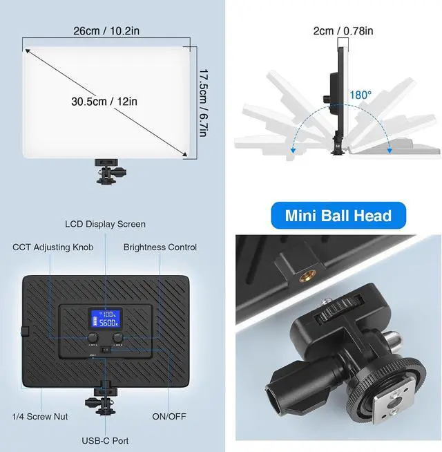 Alt view image 6 of 7 - 20W LED Video Photography Light Panel, Type C& Built-in 4000mAh