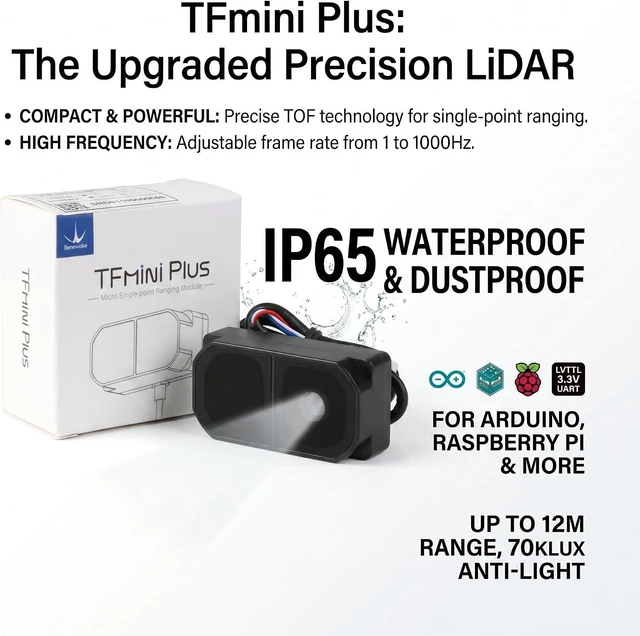 Alt view image 4 of 7 - TFmini Plus Single-Point TOF Lidar Laser Ranging Sensor Module, 0.1m~12m, 1-1000Hz, IP65 Waterproof Dustproof, UART for Arduino & Raspberry Pi