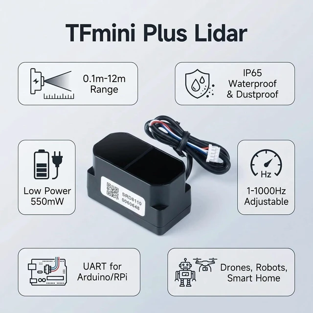 Alt view image 6 of 7 - TFmini Plus Single-Point TOF Lidar Laser Ranging Sensor Module, 0.1m~12m, 1-1000Hz, IP65 Waterproof Dustproof, UART for Arduino & Raspberry Pi